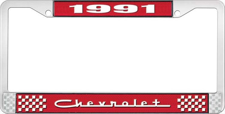 1991 Chevrolet Red And Chrome License Plate Frame With White Lettering