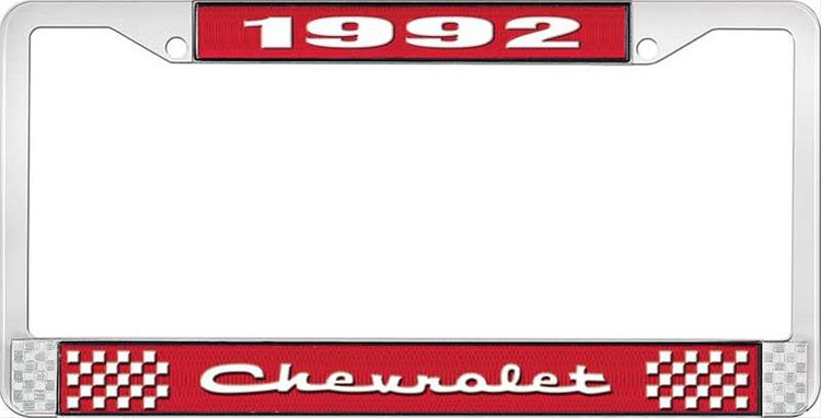 1992 Chevrolet Red And Chrome License Plate Frame With White Lettering