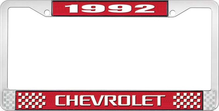 1992 Chevrolet Red And Chrome License Plate Frame With White Lettering