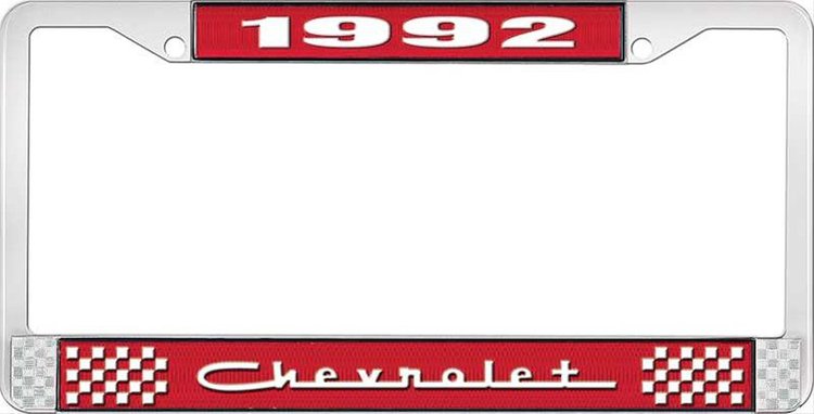 1992 Chevrolet Red And Chrome License Plate Frame With White Lettering