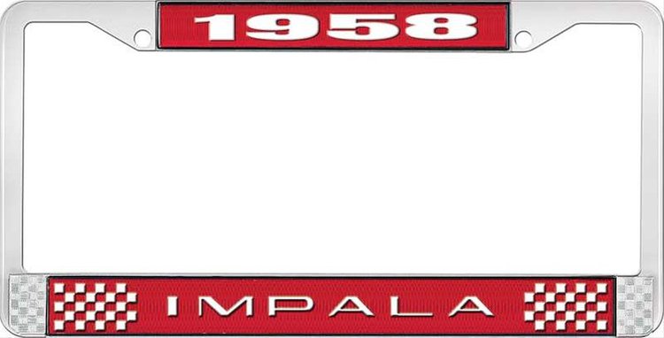 1958 Impala Red And Chrome License Plate Frame With White Lettering