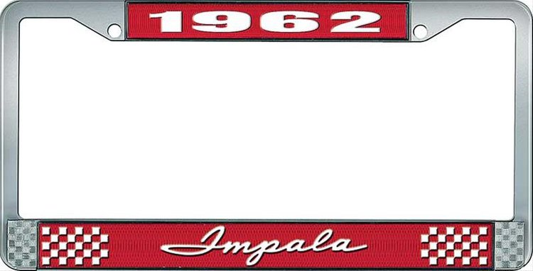 1962 Impala Red And Chrome License Plate Frame With White Lettering