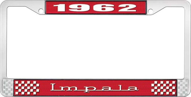 1962 Impala Red And Chrome License Plate Frame With White Lettering