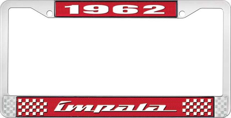 1962 Impala Red And Chrome License Plate Frame With White Lettering
