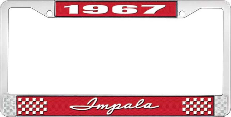 1967 Impala Red And Chrome License Plate Frame With White Lettering