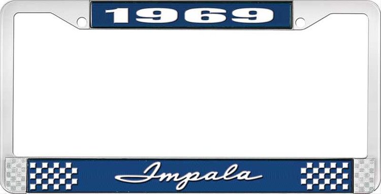 1969 Impala Blue And Chrome License Plate Frame With White Lettering