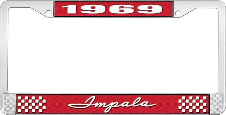 1969 Impala Red And Chrome License Plate Frame With White Lettering
