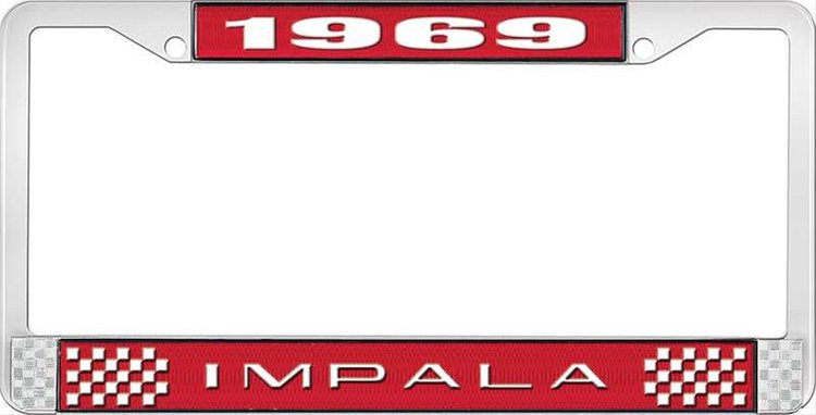 1969 Impala Red And Chrome License Plate Frame With White Lettering