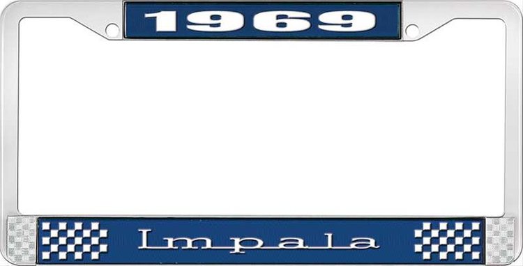 1969 Impala Blue And Chrome License Plate Frame With White Lettering