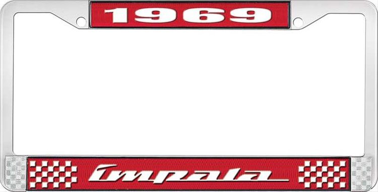 1969 Impala Red And Chrome License Plate Frame With White Lettering