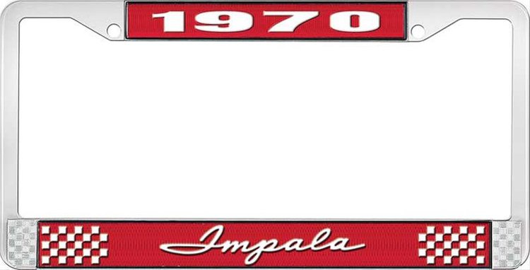 1970 Impala Red And Chrome License Plate Frame With White Lettering