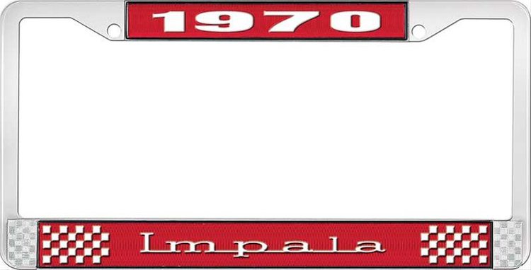1970 Impala Red And Chrome License Plate Frame With White Lettering