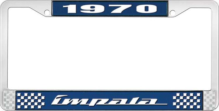 1970 Impala Blue And Chrome License Plate Frame With White Lettering