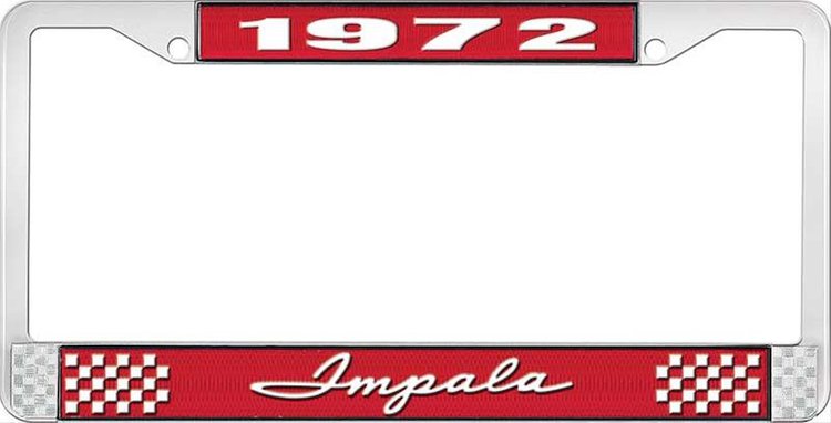 1972 Impala Red And Chrome License Plate Frame With White Lettering