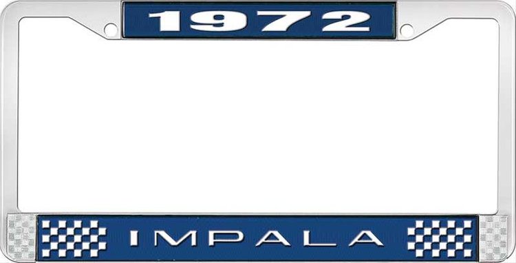 1972 Impala Blue And Chrome License Plate Frame With White Lettering