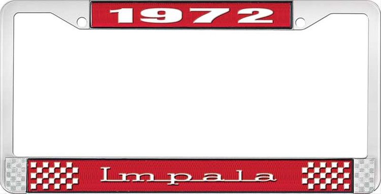 1972 Impala Red And Chrome License Plate Frame With White Lettering