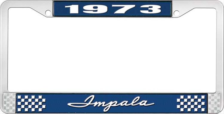 1973 Impala Blue And Chrome License Plate Frame With White Lettering