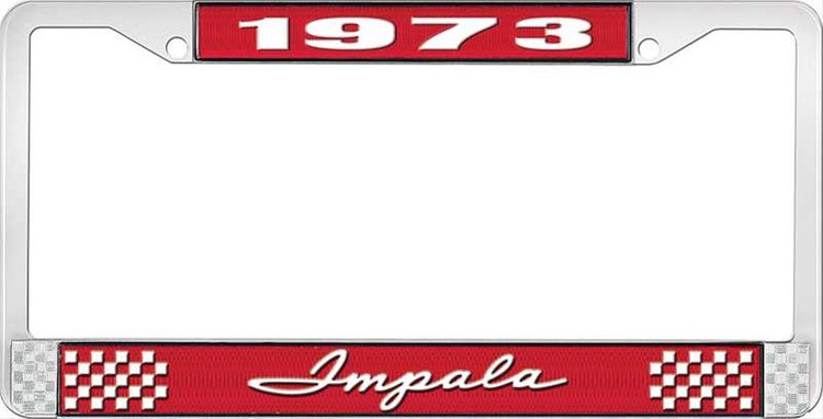1973 Impala Red And Chrome License Plate Frame With White Lettering