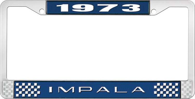 1973 Impala Blue And Chrome License Plate Frame With White Lettering