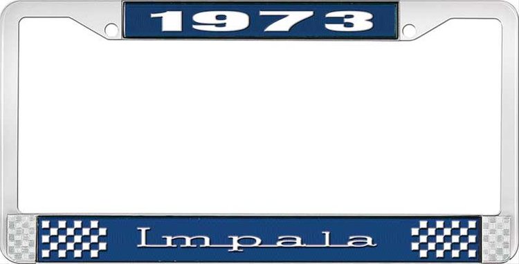 1973 Impala Blue And Chrome License Plate Frame With White Lettering