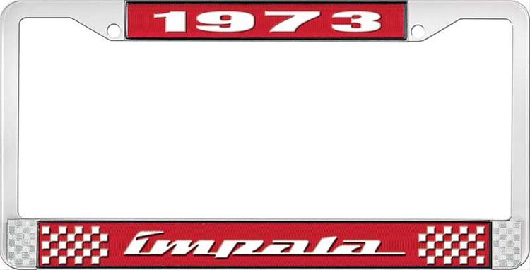 1973 Impala Red And Chrome License Plate Frame With White Lettering
