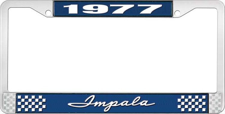1977 Impala Blue And Chrome License Plate Frame With White Lettering