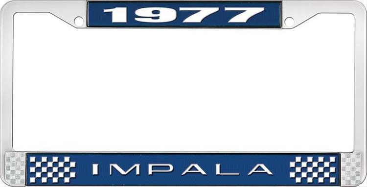1977 Impala Blue And Chrome License Plate Frame With White Lettering