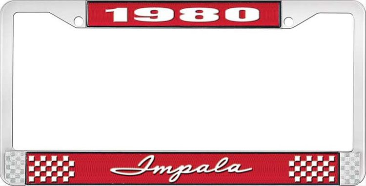 1980 Impala Red And Chrome License Plate Frame With White Lettering