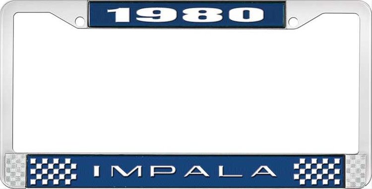 1980 Impala Blue And Chrome License Plate Frame With White Lettering