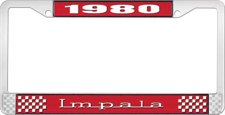 1980 Impala Red And Chrome License Plate Frame With White Lettering
