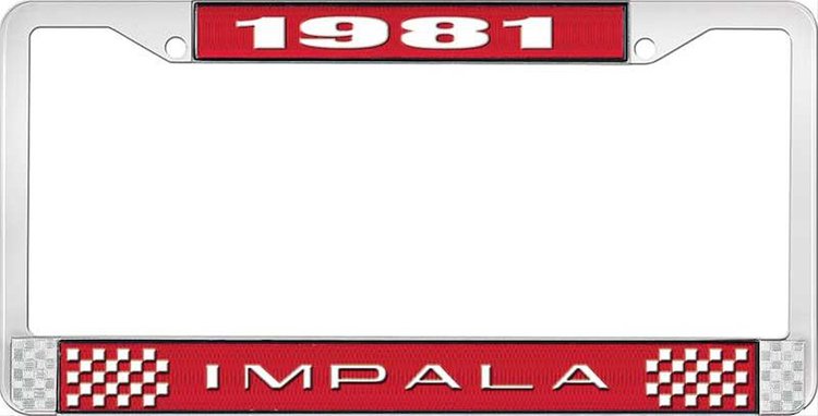 1981 Impala Red And Chrome License Plate Frame With White Lettering