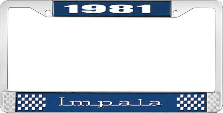 1981 Impala Blue And Chrome License Plate Frame With White Lettering