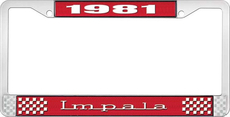 1981 Impala Red And Chrome License Plate Frame With White Lettering