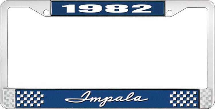 1982 Impala Blue And Chrome License Plate Frame With White Lettering