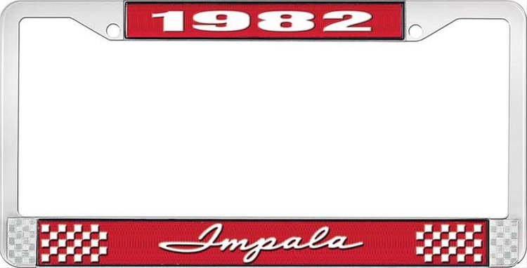 1982 Impala Red And Chrome License Plate Frame With White Lettering