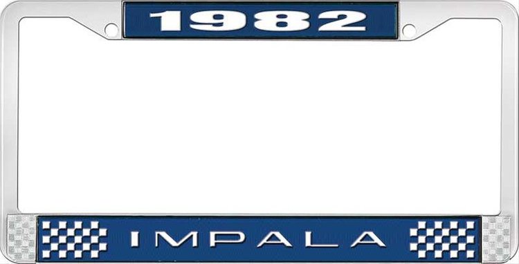 1982 Impala Blue And Chrome License Plate Frame With White Lettering