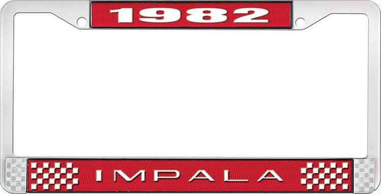 1982 Impala Red And Chrome License Plate Frame With White Lettering