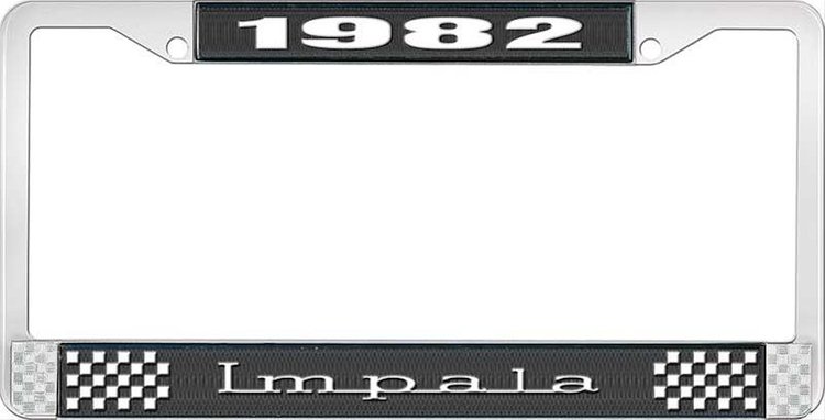 1982 Impala Black And Chrome License Plate Frame With White Lettering