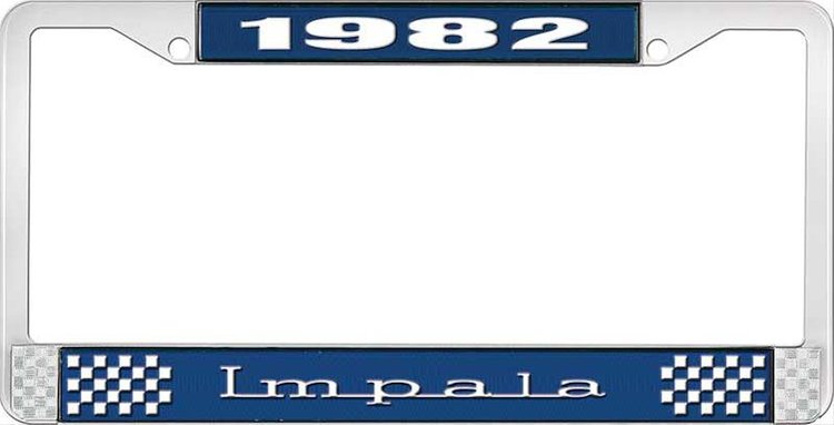 1982 Impala Blue And Chrome License Plate Frame With White Lettering