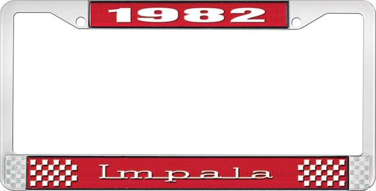 1982 Impala Red And Chrome License Plate Frame With White Lettering