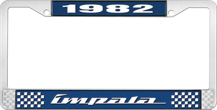 1982 Impala Blue And Chrome License Plate Frame With White Lettering
