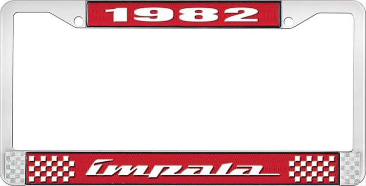 1982 Impala Red And Chrome License Plate Frame With White Lettering
