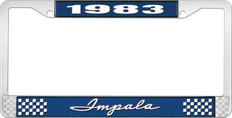 1983 Impala Blue And Chrome License Plate Frame With White Lettering