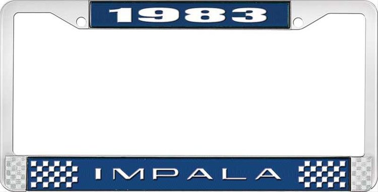 1983 Impala Blue And Chrome License Plate Frame With White Lettering