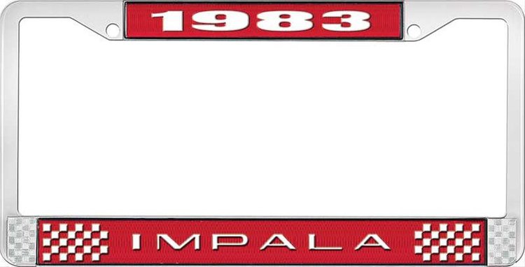 1983 Impala Red And Chrome License Plate Frame With White Lettering