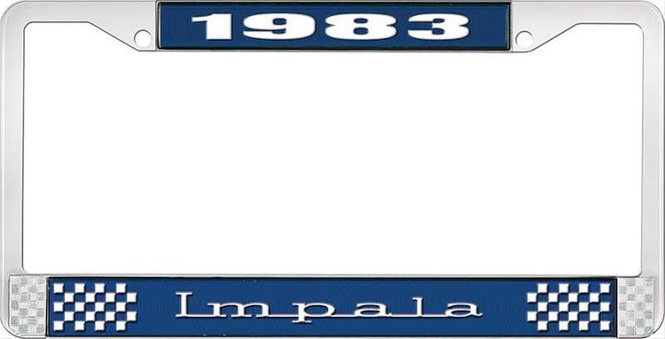1983 Impala Blue And Chrome License Plate Frame With White Lettering