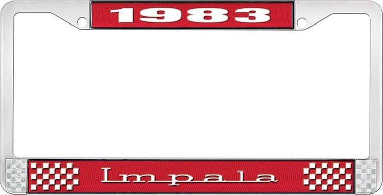 1983 Impala Red And Chrome License Plate Frame With White Lettering