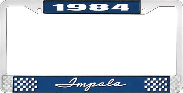 1984 Impala Blue And Chrome License Plate Frame With White Lettering