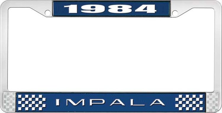 1984 Impala Blue And Chrome License Plate Frame With White Lettering