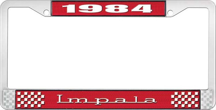 1984 Impala Red And Chrome License Plate Frame With White Lettering